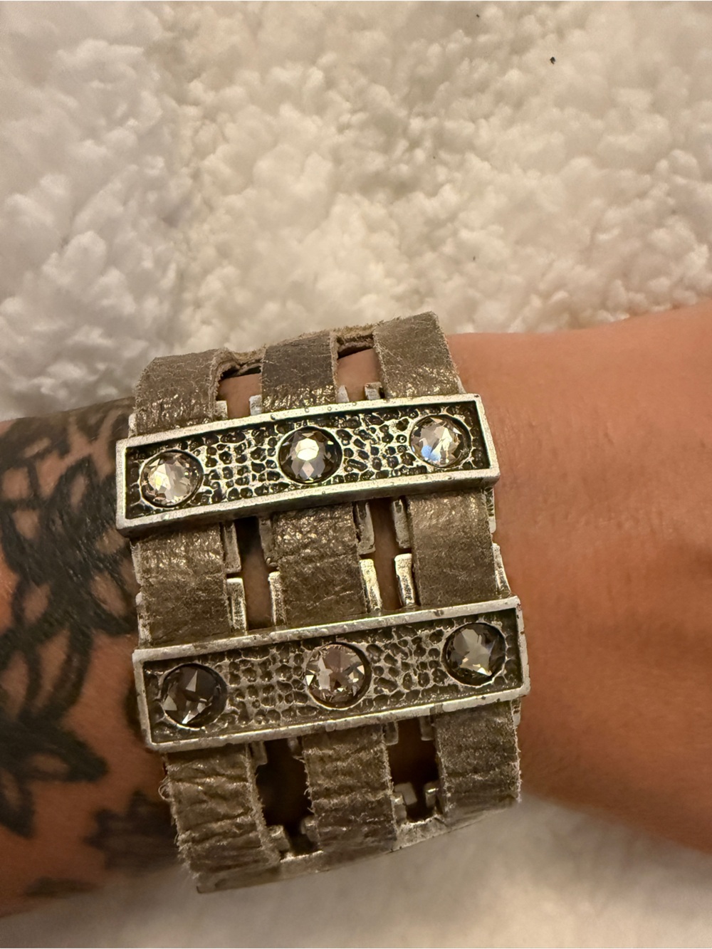 Leatherock Crystal-Embellished Taupe Leather Cuff Bracelet